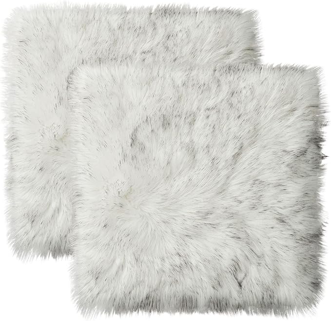 Softlife White Faux Fur Sheepskin Chair Cover 2 PCs Seat Cushion Pad Super Soft Area Rugs for Living Bedroom Sofa Dorm (1.6ft x 1.6ft, White-Grey Tip)