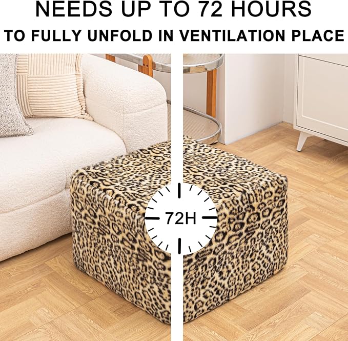 20x20x14 Inches Fluffy Square Pouf Ottoman - Plush Furry Boneless Ottoman Foot Rest Stool with High-Density Foam, Versatile Floor Seating for Living Room (Leopard Print)