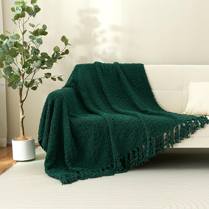 Throw Blanket for Couch, Dark Green Luxury Knitted Throws 60"x80", Textured Blankets with Handmade Fringe Tassels for Bed Sofa Decorative, Chunky Soft Farmhouse Boho Home Decor