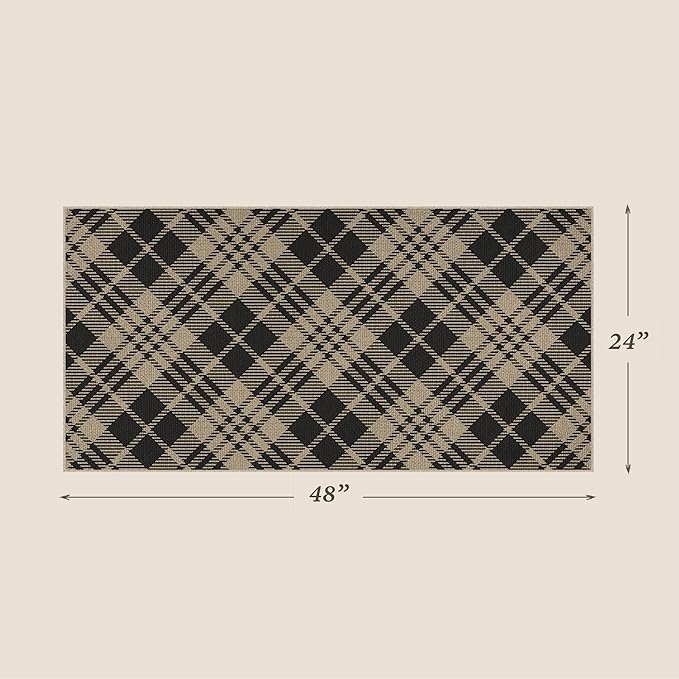 JTJ Vintage Indoor Entrance 2x4 Runner Rug - Easy Jute Woven Throw Rug for Indoor Outdoor Area, Non Slip Washable Kitchen Mat, Low Pile Black and White Geometric Aesthetic Decor