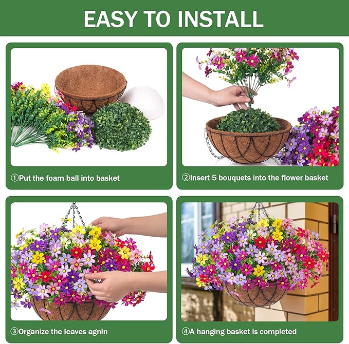 Artificial Flowers with Hanging Planter for Outdoor, Faux Silk Daisy UV Resistant Plants in Basket for Indoor Porch Garden Yard Spring Summer Decor(Rose Yellow)