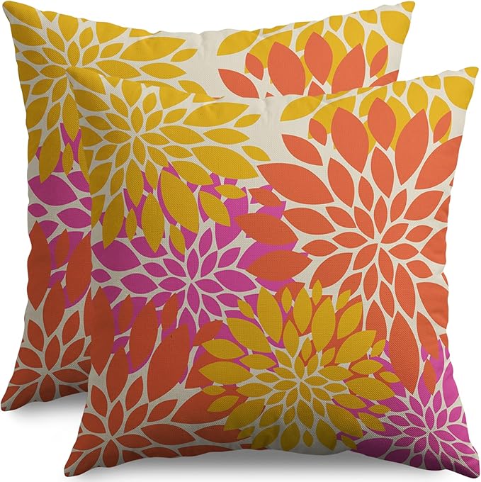 Yellow Orange Pink Pillow Covers 18X18 Inch Set of 2, Spring Summer Modern Geometry Dahlia Floral Print Decorative Throw Pillow Covers Outdoor Farmhouse Cushion Case for Couch Sofa Bed Decor