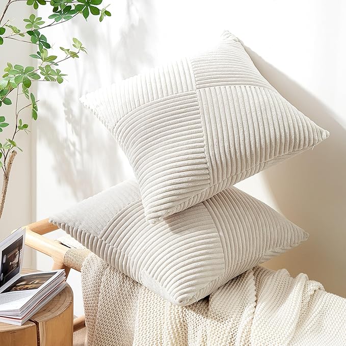 Topfinel 26x26 inches Euro Pillow Covers Set of 2 Cream White Corduroy Decorative Throw Pillow Covers for Bedroom Living Room, Windmill Textured Striped Patchwork Couch Pillow Covers 65x65 cm