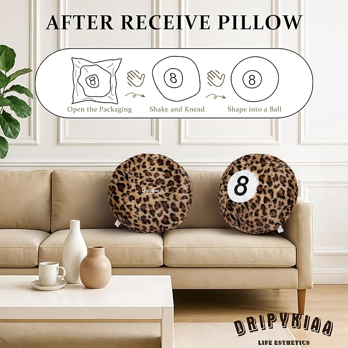 Dripykiaa Cheetah 8 Ball Throw Pillow, 14" Leopard Print 8 Ball Pillow Round Plush Decorative Cushion, Soft Trendy Throw Pillow for Bedroom & Living Room, Modern Aesthetic Home Decor for Women & Teens