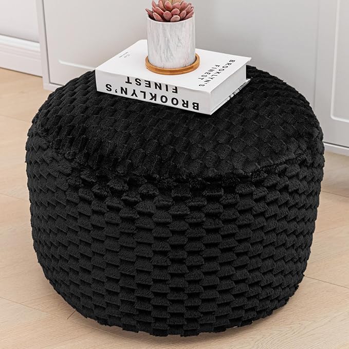 Round Pouf Ottoman Stuffed Plush Fiber Pouf Ottoman Footrest Foot Stool Bean Bag Ottoman Floor Pouf for Bedroom Living Room Accent Seat 20x12inches with Modern Foam Filler (Black)