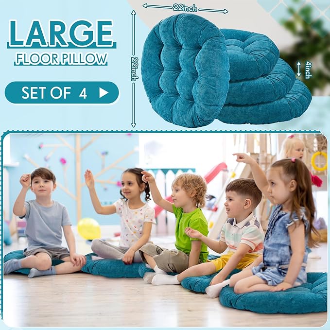 Jerify Floor Pillow Cushions Large Round Square Large Meditation Floor Pillow for Classroom Adult Meditation Picnic Party Seating Learning Daycare School(Round,Aquamarine,4 Pcs)
