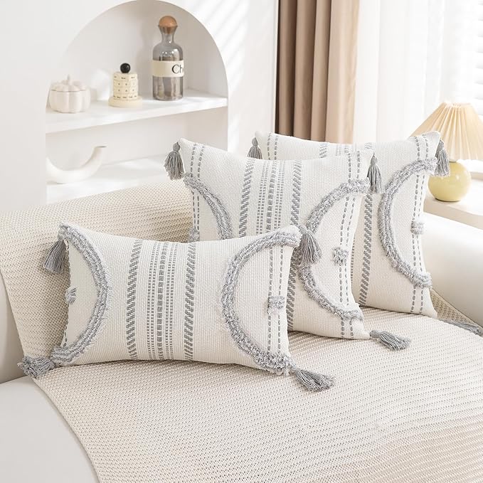 Boho Throw Pillow Covers 18x18 Set of 2 Cotton Woven Tufted Farmhouse Pillows Covers with Tassels Outdoor Neutral Gray Decorative Pillowcases Square Textured Accent Cushion Cases for Couch Bed Sofa