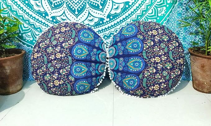 CRAFT KALA Mandala Floor Pillow Cushion Cover Seating Throw Cover Hippie Decorative Bohemian Ottoman Poufs Pom Pom Pillow Cases Boho Indian Cotton Living Room Home Décor 24" Round Set Of 2 Blue Mirchi