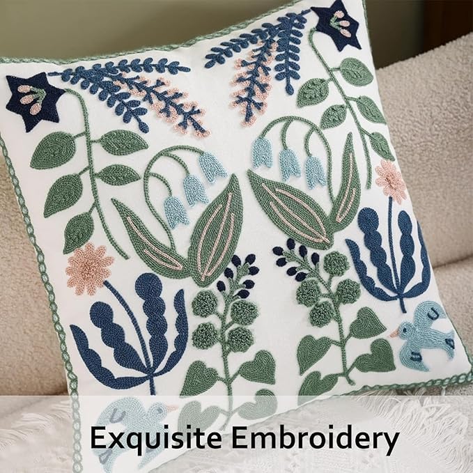 Tosleo Flower Embroidered Throw Pillow Covers 16x16 Pack of 2 Green Leaves with Birds Floral Tufted Pillowcases Spring Summer Decor Coastal Pillow Cushion Cases Square Navy Blue Flower Pillow Case