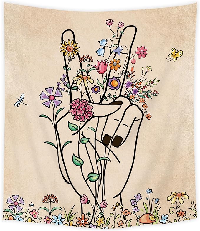 SVBright Peace and Love Beige Tapestry Abstract Hand Flower Botanical Wall Hanging 51Wx59H Inch Minimalist Hippie Floral Line Art Colorful Modern Finger Home Decor for Living Room Bedroom Dorm Fabric