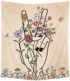 SVBright Peace and Love Beige Tapestry Abstract Hand Flower Botanical Wall Hanging 51Wx59H Inch Minimalist Hippie Floral Line Art Colorful Modern Finger Home Decor for Living Room Bedroom Dorm Fabric