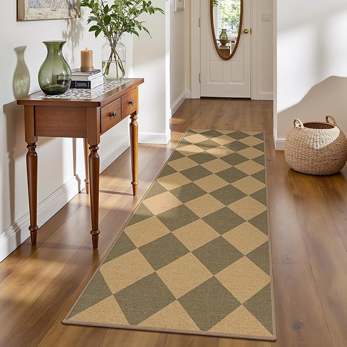 Lessymo Checkered Runner Rug 2x6 for Hallway, Washable Kitchen Runners Non Slip Easy Jute Entryway Rug, Farmhouse Geometric Indoor Carpet Outdoor Rugs for Patio Backyard Porch, Diamond Brown/Beige