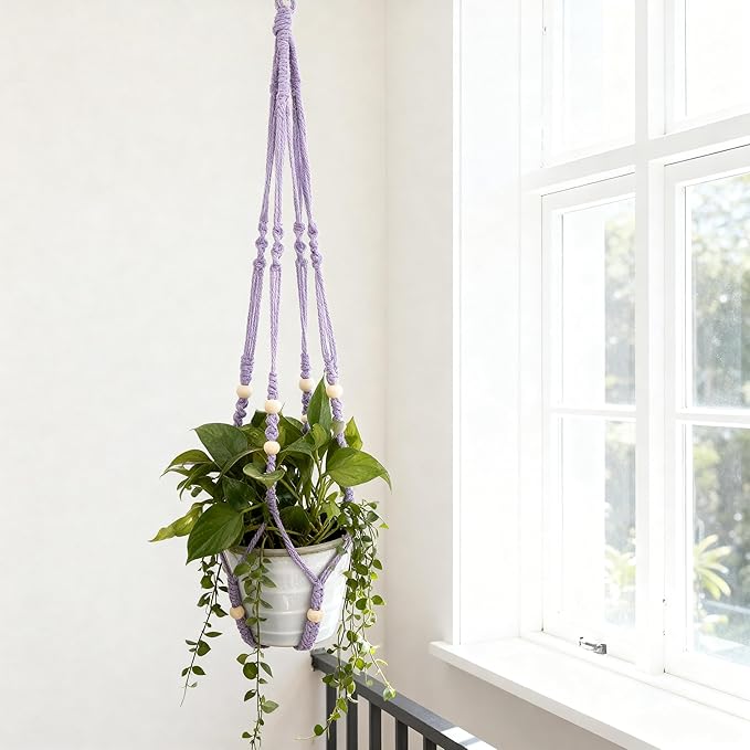 2 Pack Purple Macrame Plant Hangers, 35-Inch Cotton Rope Hanging Planters with Wooden Beads, Handmade Woven Plant Holders for Boho Modern Home Decor, Indoor & Outdoor Use