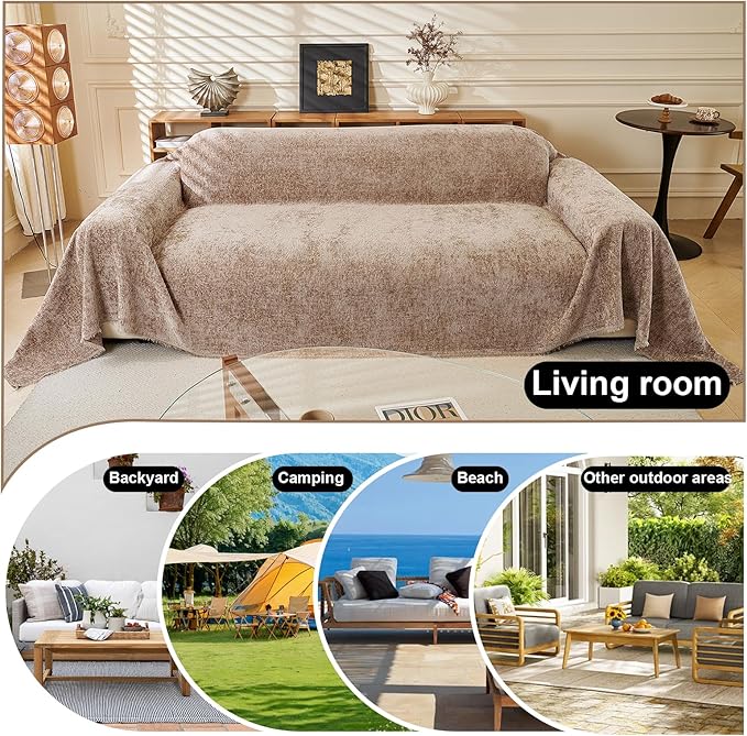 ROOMLIFE Boho Khaki Couch Cover for Dogs, Washable Non Slip Furniture Protector Couch Sofa Covers for 3 Cushion Couch, Soft Chenille Sofa Slipcovers Couch Cover Throw Blanket with Tassels 71''X150''