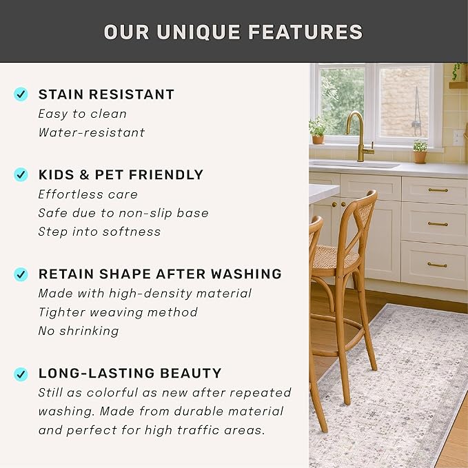 Boho 3x16 Wide Hallway Runner - Light Gray and Taupe, Washable Low Pile Non Slip Stain Resistant 16ft Runner Rug for Long Kitchen, Hall Way, Floral Decor
