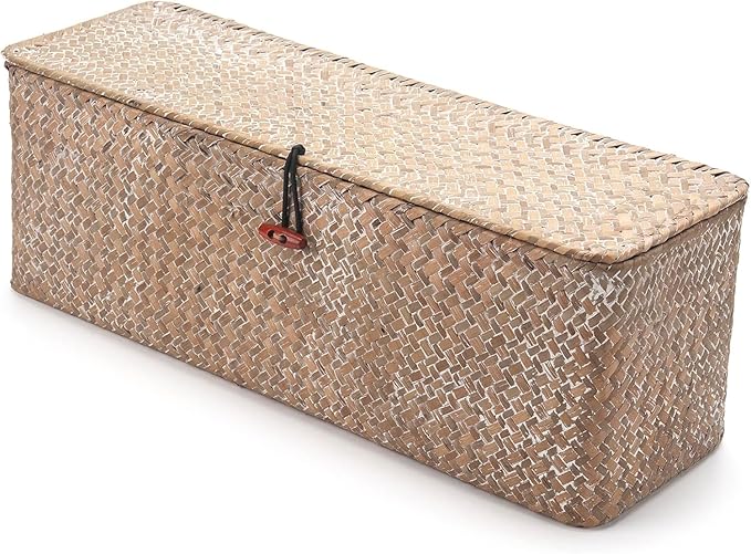 Seagrass Storage Basket for Bathroom - Wicker Toilet Tank Basket with Lid - Woven Storage Box for Organizing (Whitewash, 16.5" x 5.5" x 5.5")