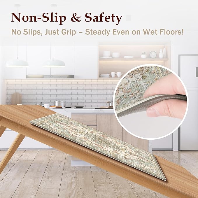Boho Kitchen Mats for Floor 2 Piece Set Anti Fatigue Cushioned PVC Kitchen Rugs Non Slip Waterproof Farmhouse Mats 2/5 Inch Comfort Standing Mat for Laundry, 17.3"x47"+17.3"x28", Green Orange Beige