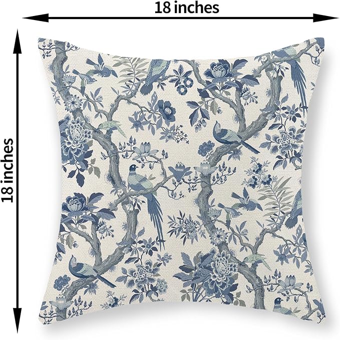 Chinoiserie Floral Birds Pillow Covers 18x18 Set of 2 Blue and Cream Spring Flower Decoratiove Pillowcase Vintage Outdoor Decor Throw Pillows for Couch Farmhouse Cushion Case for Home Sofa