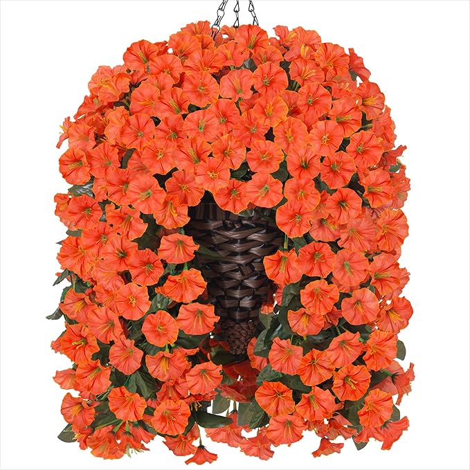HyeFlora Artificial Fake Hanging Flowers Plants Baskets for Outdoor Decoration, Faux Silk Orange Morning Glory in Planter UV Resistant Look Real for Home Porch Patio Balcony Yard Decor