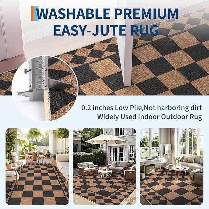 GarveeHome Easy Jute Area Rug 5x7 Washable Rugs for Living Room Checkered Indoor Outdoor Rug for Patio Farmhouse Non-Slip No Shed Jute Rugs Geometric Carpet for Entryway Dining Room, Black Brown
