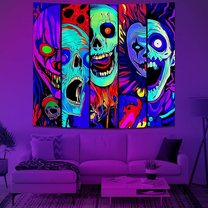 Atrippy Blacklight Halloween Horror Wall Decor Tapestry for Bedroom, UV Reactive Skull Skeleton Tapestries, Black Light Gothic Face Neon Aesthetic Wall Hanging for Dorm Living Room 36x48 Inches