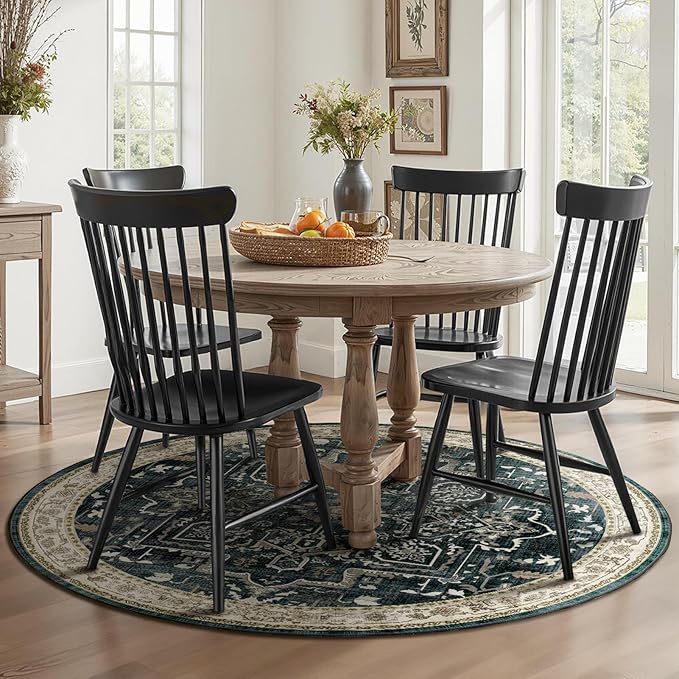 Medallion Round Rugs 6ft, Low Pile Thin Circle Area Rugs for Bedroom Living Room Washable Non Slip, Vintage Round Carpet for Kitchen Dining Room, Midnight/Multi