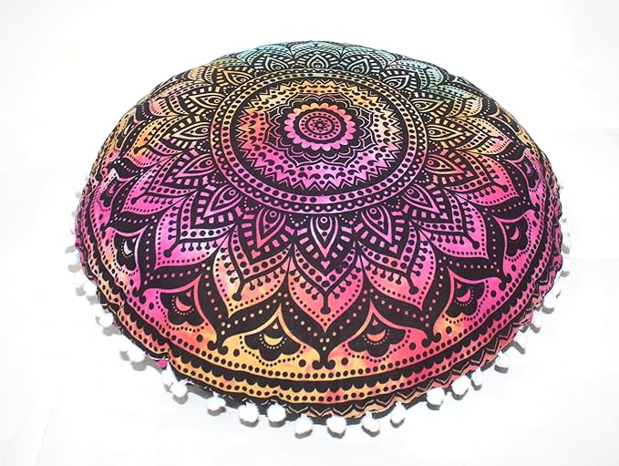 CRAFT KALA Boho Large Floor Pillow Pouf Cover Mandala Meditation Room Pillow Cover for Adults Round Bohemian Seating Pouf Cushion Cover for Kids Playroom 22" Multi Ombre