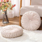 2 Pcs Round Throw Pillows 15 Inch Decorative Velvet Pleated Pumpkin Pillows Boho Floor Pillow with Center Button for Living Room Couch Chair Bed Sofa Home Decoration (Ivory)