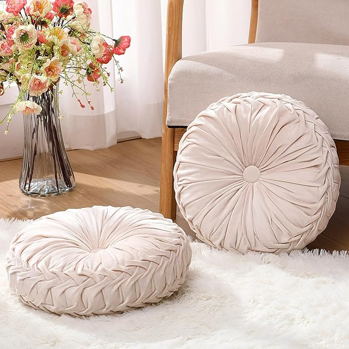 2 Pcs Round Throw Pillows 15 Inch Decorative Velvet Pleated Pumpkin Pillows Boho Floor Pillow with Center Button for Living Room Couch Chair Bed Sofa Home Decoration (Ivory)