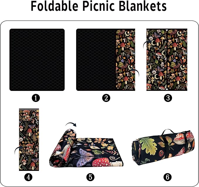 Extra Large Picnic Blankets Waterproof Foldable (60"x 80") Mushroom Beach Blanket Waterproof Sandproof,3-Layer Thicking Mat Outdoor Packable Camping Blanket
