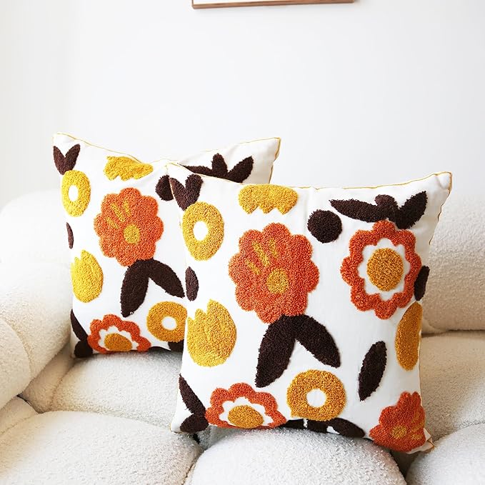 Embroidered Throw Pillow Cover Boho Floral Pillow Covers for Couch Sofa Orange Yellow Cotton Linen Bohemian Pillow Covers 3D Big Flowers 2PCS Botanical Pillowcase Covers 18x18 Inch