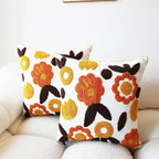Embroidered Throw Pillow Cover Boho Floral Pillow Covers for Couch Sofa Orange Yellow Cotton Linen Bohemian Pillow Covers 3D Big Flowers 2PCS Botanical Pillowcase Covers 18x18 Inch