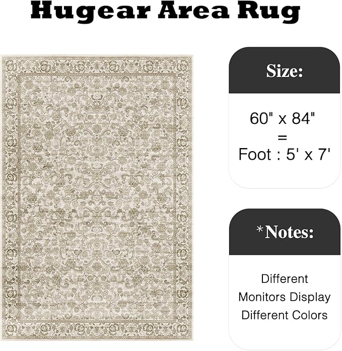 HUGEAR Brown Area Rug 5x7 Machine Washable Living Room Rugs Distressed Neutral Vintage Floral Low Pile Carpet Bedroom Office Dining Room Laundry Room Non Slip Soft Lightweight