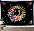 EOBTAIN Boho Floral Tapestry Wall Hanging Colorful Butterfly and Flower Botanical on Black Fabric Wall Tapestry for Bedroom Retro Hippie Sun Tapestries for Living Room Dorm Home Decor,80"x60"