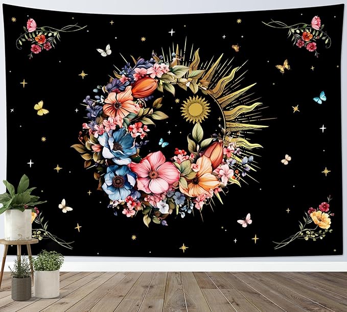EOBTAIN Sun and Flower Tapestry Retro Hippie Plant and Butterfly on Black Wall Tapestry Abstract Boho Botanical Aesthetic Tapestries Wall Hanging Decor for Living Room Bedroom 59"x51"