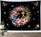 EOBTAIN Pink Flower Tapestry Colorful Floral Plant and Butterfly on Black Tapestries for Bedroom Aesthetic Vintage Botanical Tapestry Wall Hanging Decor for Living Room College Dorm 92"x70"