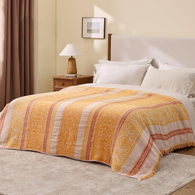 100% Cotton Boho Throw Blanket for Home Decor – Classic Farmhouse Quilt Bedding, Muslin Blankets for Adults, Vintage Woven Decorative Blanket for Couch, Bed Layering Use, Bohemian Stripe, 60"x80"