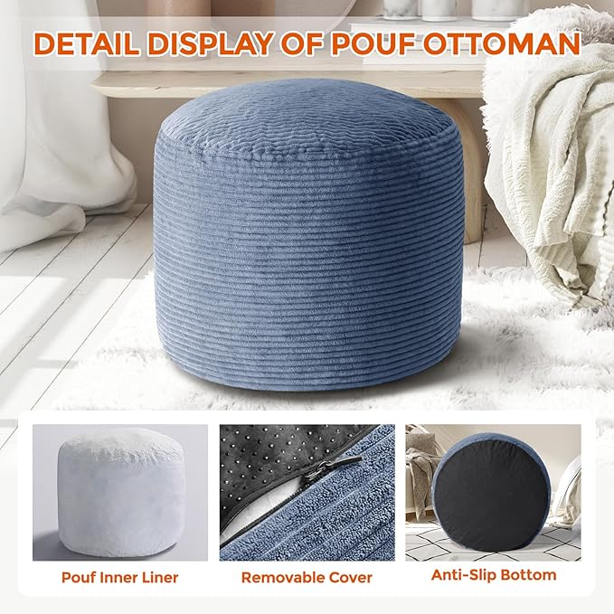 Pouf Ottoman Foot Rest, Comfortable & Soft, Round Footstool for Living Room, Bedroom, Office, Room Decoration, Corduroy Foot Stool Pouf with Odorless & Anti-Clump Filling, Small Navy