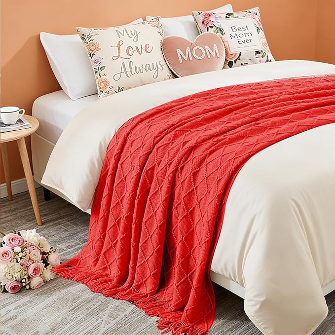 inhand Red Knitted Throw Blanket for Couch Bed, Mothers Day/Mom Birthday Gifts for Mom from Daughter Son, Soft Lightweight with Tassels, Farmhouse Warm Decorative Blanket for Women, 50"x60"