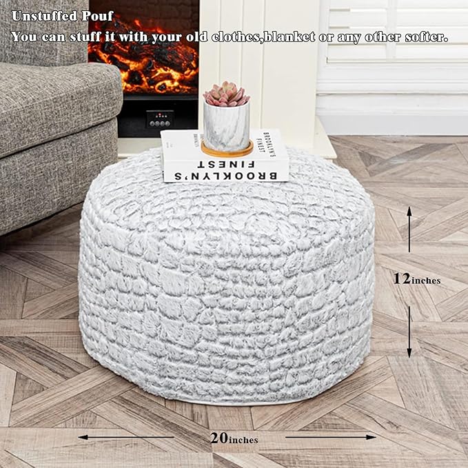 Asuprui Pouf Ottoman Unstuffed Floor Poof Seat Pouf Ottoman Foot Rest Soft Foot Stool 20x20x12 Inches Fuzzy Chair Floor Chair Foot Rest with Storage for Living Room Bedroom Snow Gray