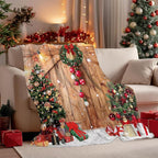 Farmhouse Christmas Throw Blanket, Wood Barn Door Winter Rustic Xmas Tree Snow Blanket for Bed Sofa Travel and Camping, Super Soft Cozy Fluffy Plush Blanket for All Seasons, 50" x 60"
