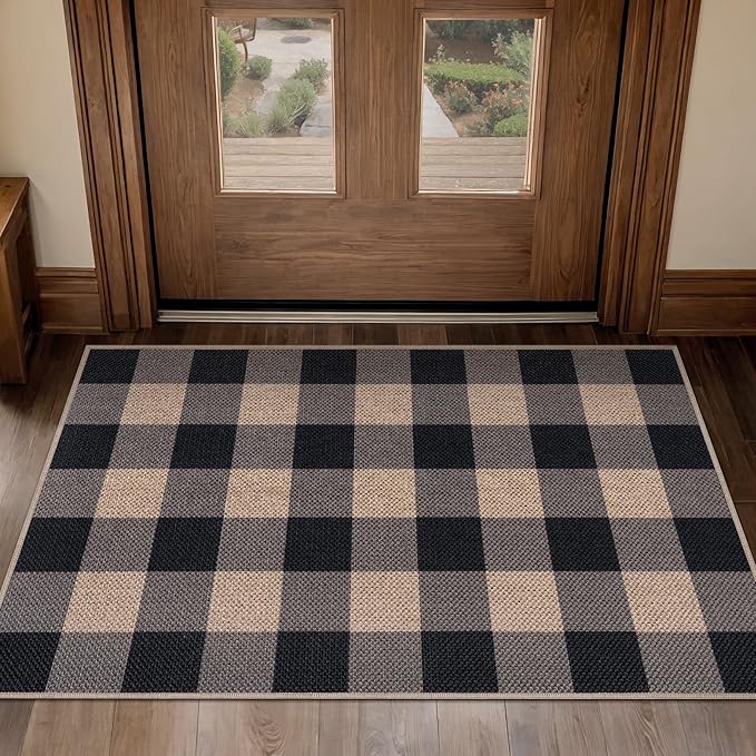 Tangsoo Checkered Easy Jute Rug, 2x3 Washable Ultra Thin Rug for Entryway Non-Slip Black Grey Outdoor Rug,Modern Front Door Mat Carpet for Kitchen Bedroom Porch Doorway