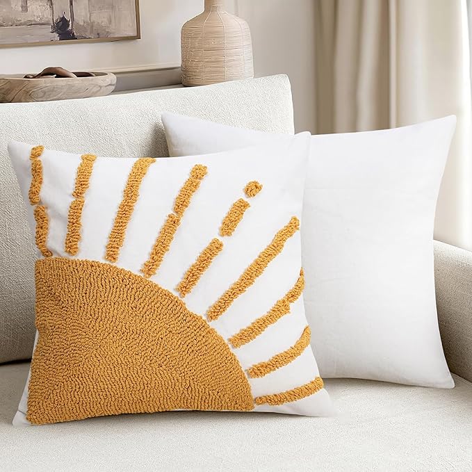 Adabana Boho Decorative Yellow Throw Pillow Covers 18x18, Tufted Sun Pillow Cover with Tassels Bohemian for Sofa Bedroom Living Room Home Decor (No Pillow Insert, 1Pc)