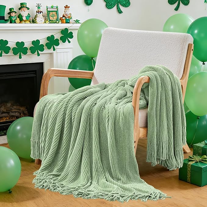 inhand Basil Green Throw Blanket for Couch Bed,St. Patrick’s Day Lucky Spring Gifts Throw for Men Women,Chunky Chenille Woven Soft Warm Blanket,Boho Farmhouse Cozy Decor,60"x80",Extra Thick