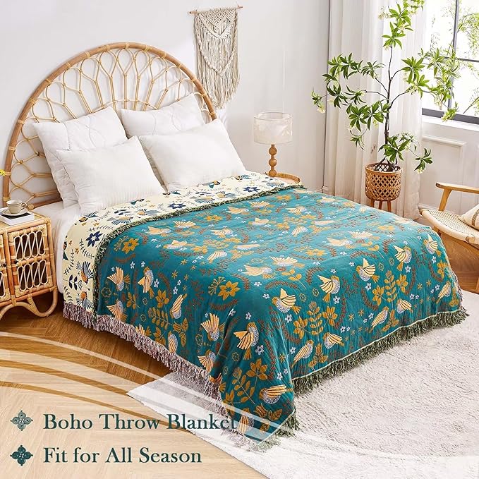 Boho Throw Blanket, 100% Cotton Ultra Soft Luxury Throw Rustic Quilt, 60"x80" Floral Printed Farmhouse Decor Bed Summer Blankets, All Season Rustic Reversible Bohemian Throw for Bed - Blue