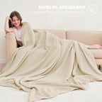 Cosy Family 4 Layer Muslin Bed Blanket - Breathable and Lightweight Gauze Boho Blanket for Spring, Soft 100% Cotton Muslin Blanket, Light Tan, 80x90 Inches