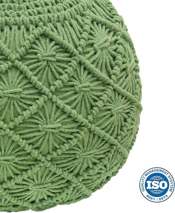 COTTON CRAFT Macrame Braided Pouf - Knitted Cotton Cord Comfortable Round Dori Pouf - Prefilled Ottoman Footrest Bean Bag - Stuffed Boho Moroccan Accent Seating - Nursery Bedroom Dorm - 20x14 - Green