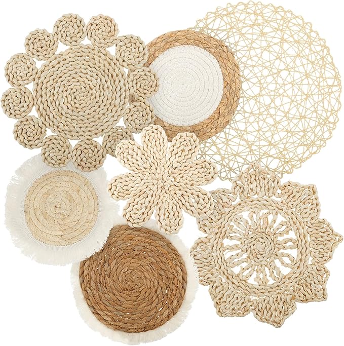 HJJWNDDNG 7 Pack Boho Wall Basket Decor Set, Hanging Woven Seagrass Rattan Wicker Boho Wall Decor, Round Farmhouse Wall Hanging Baskets Rustic Flat Wall Art for Living Room Bedroom Kitchen (Style 4)
