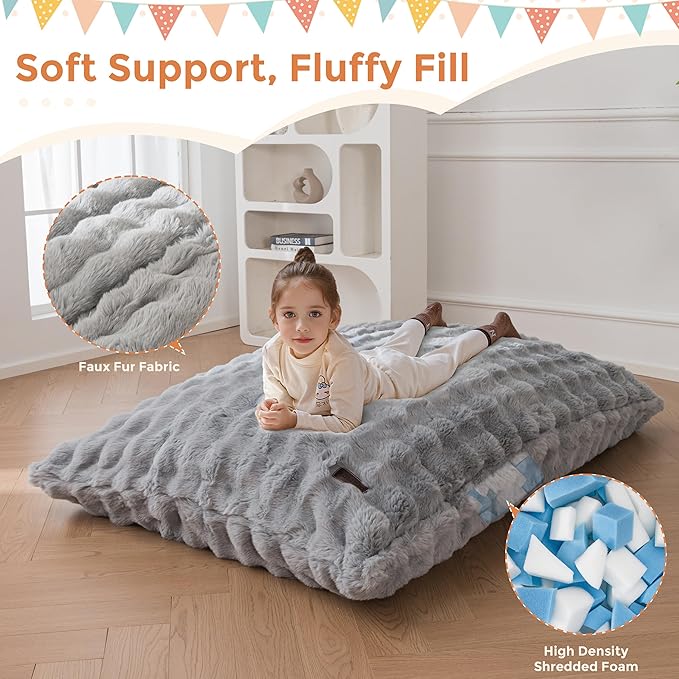 MAXYOYO 3 in 1 Kids Bean Bag Chair Bed, Child Floor Sofa for Gaming, Reading, Convertible Bean Bag Floor Cushion with Machine Washable Cover for Living Room Bedroom, Grey