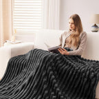 NEWCOSPLAY Super Soft Queen Blanket Grey Premium Silky Flannel Fleece 3D Ribbed Jacquard Lightweight Bed Blanket All Season Use (Grey Ribbed, Queen(90"x90"))